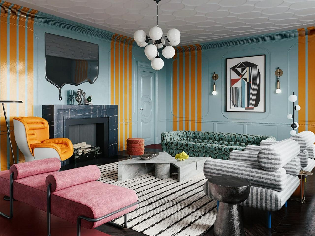 Memphis style living room with colorfull furniture and chimney