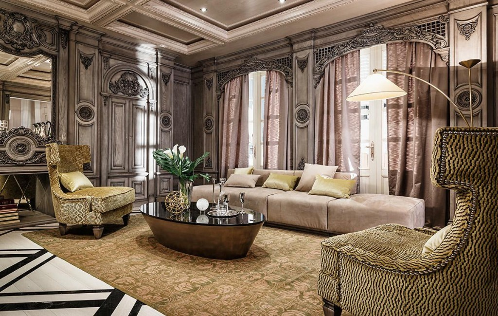 Living room in art deco style with sofa and two arm chairs