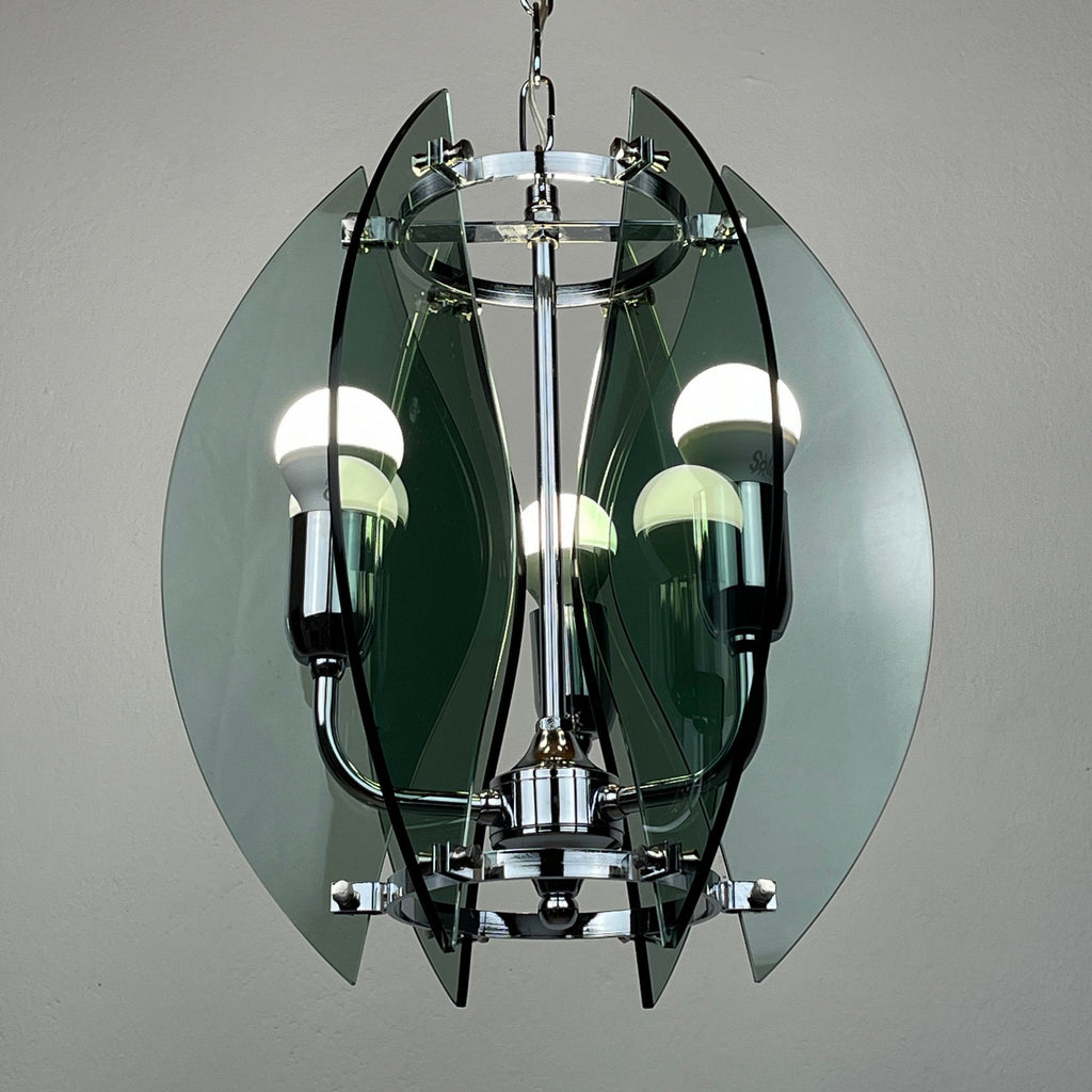 Veca Italian Chandelier: Mid-Century Smoked Glass Pendant Lamp