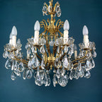 XL Vintage Crystal Chandelier: 1950s Italian Hollywood Regency Brass Lamp
