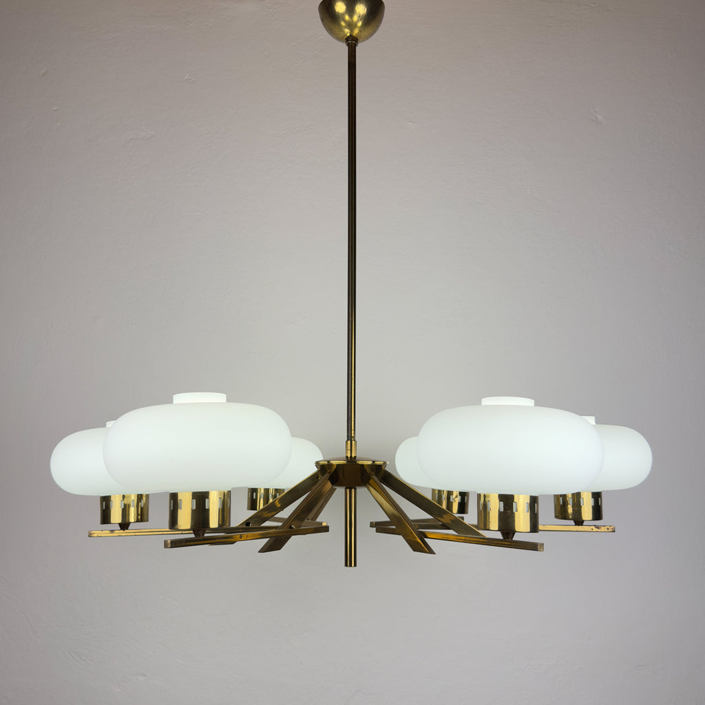 Mid-Century Stilnovo Chandelier with Brass and Opaline Glass, Italy 1970s