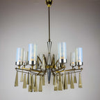 Large Sculptural Italian Mid-Century Chandelier in Brass and Glass, Italy 1950s