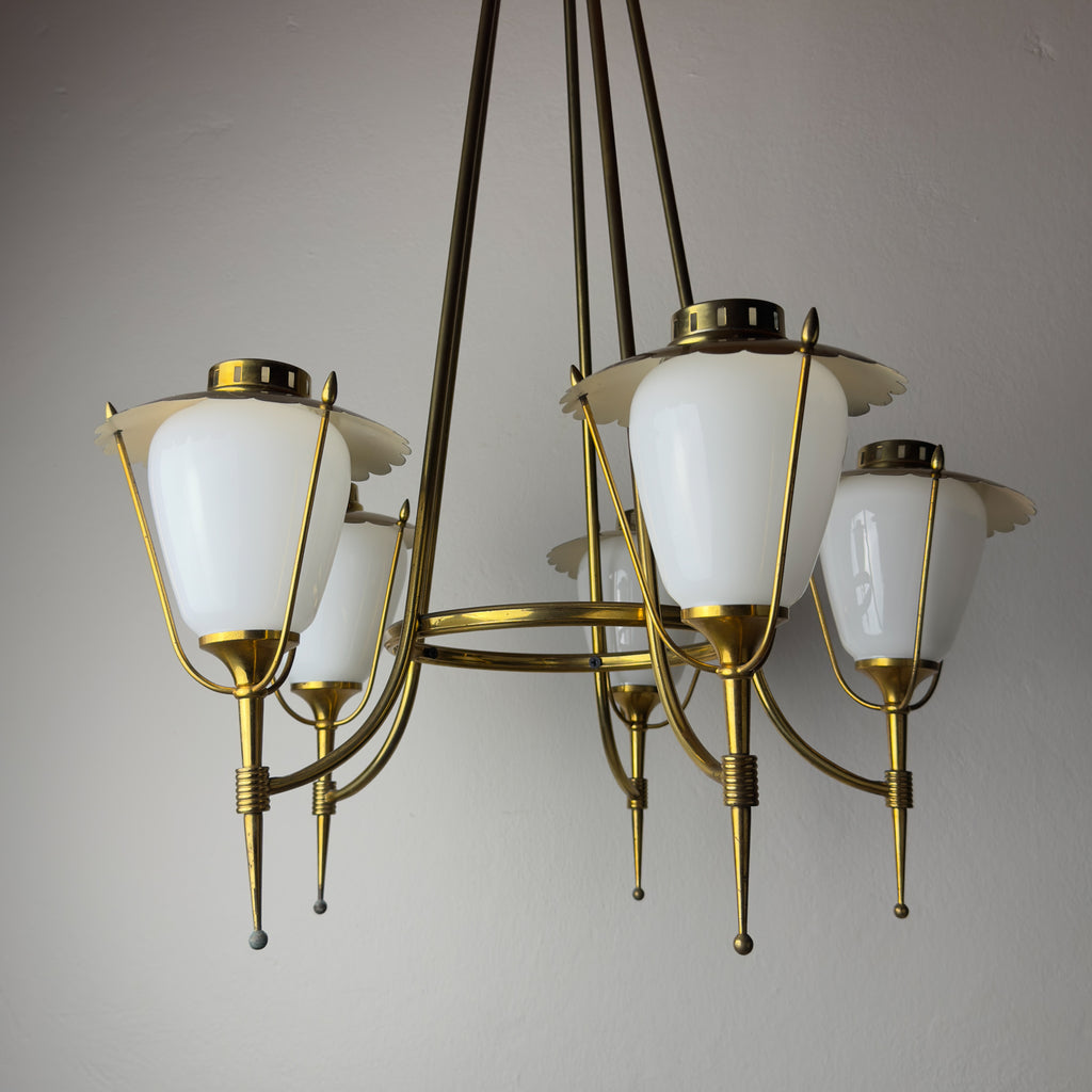 Vintage brass chandelier by Maison Arlus, Art Deco style, France 1950s