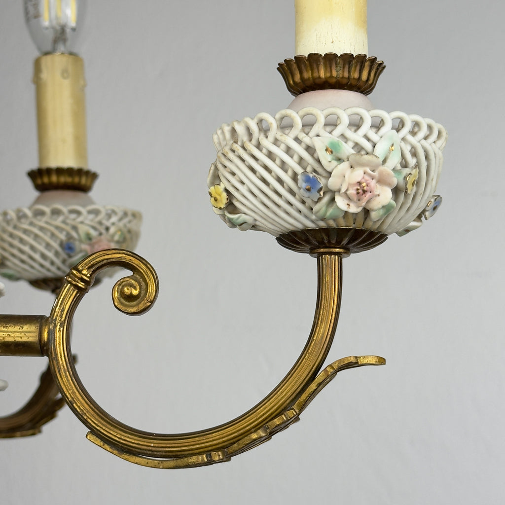 Vintage Art Nouveau Capodimonte Chandelier: Floral Porcelain Lamp, 1930s