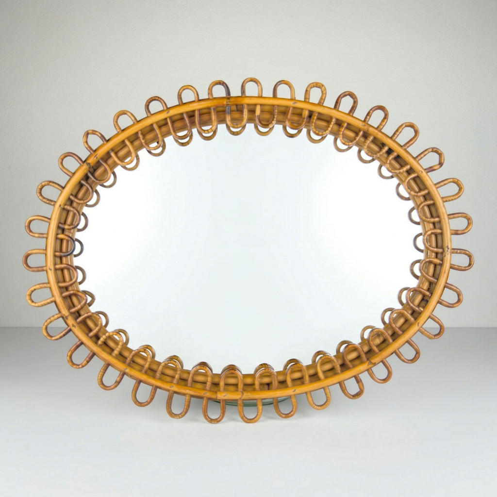Vintage Oval Bamboo Mirror, attributed Franco Albini, Italy 1960s