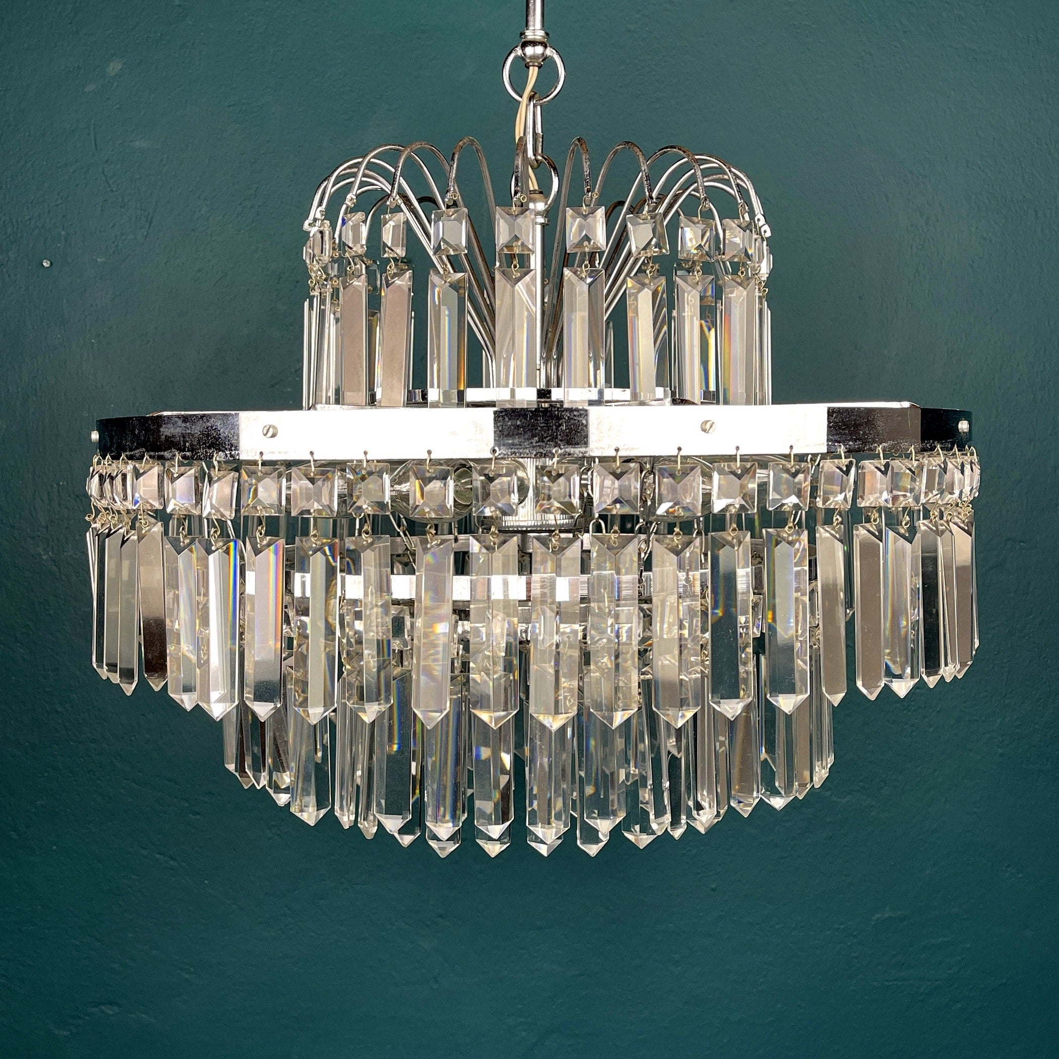 Vintage large crystal chandelier Sijaj Hrastnik Yugoslavia 1970s MCM mid-century lighting Retro home decor
