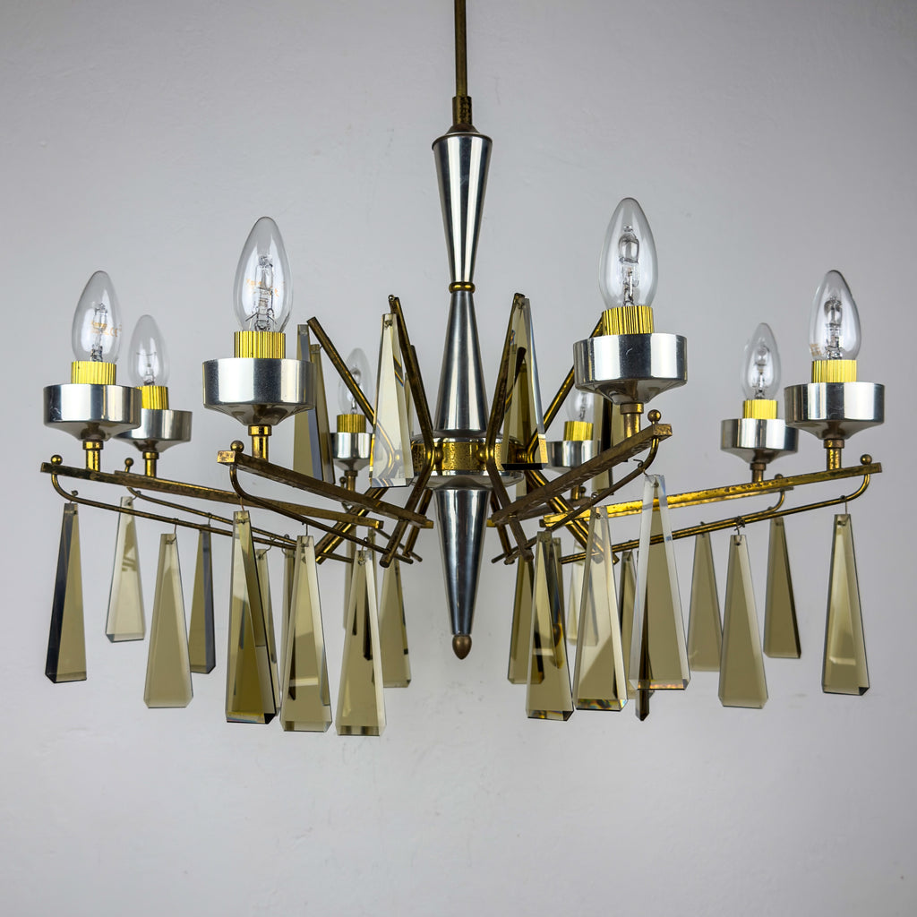 Large Sculptural Italian Mid-Century Chandelier in Brass and Glass, Italy 1950s