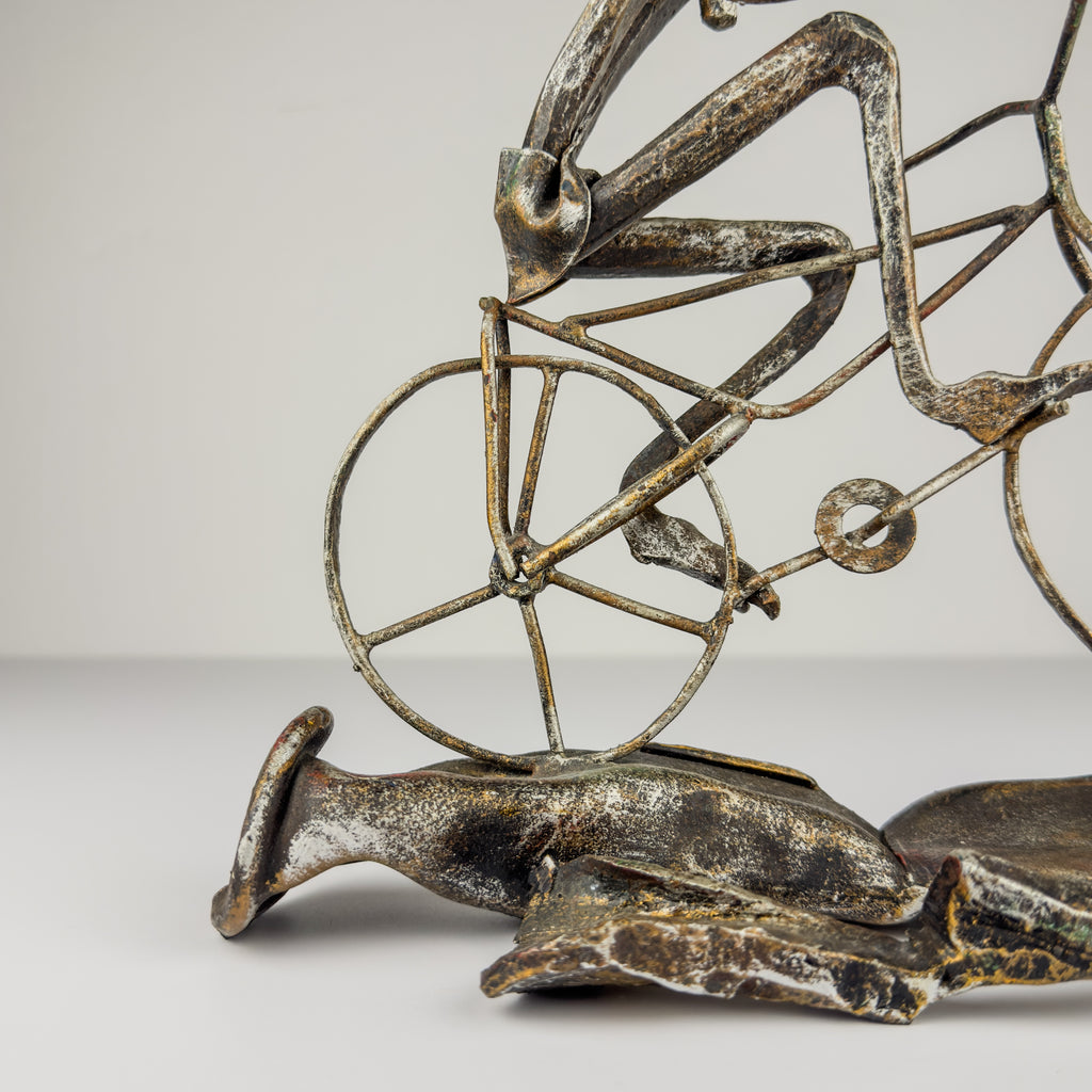 Vintage metal Brutalist sculpture Bicyclist by Salvino Marsura, Italy 1980s