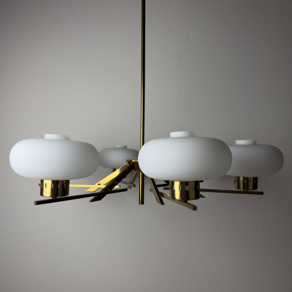 Mid-Century Stilnovo Chandelier with Brass and Opaline Glass, Italy 1970s
