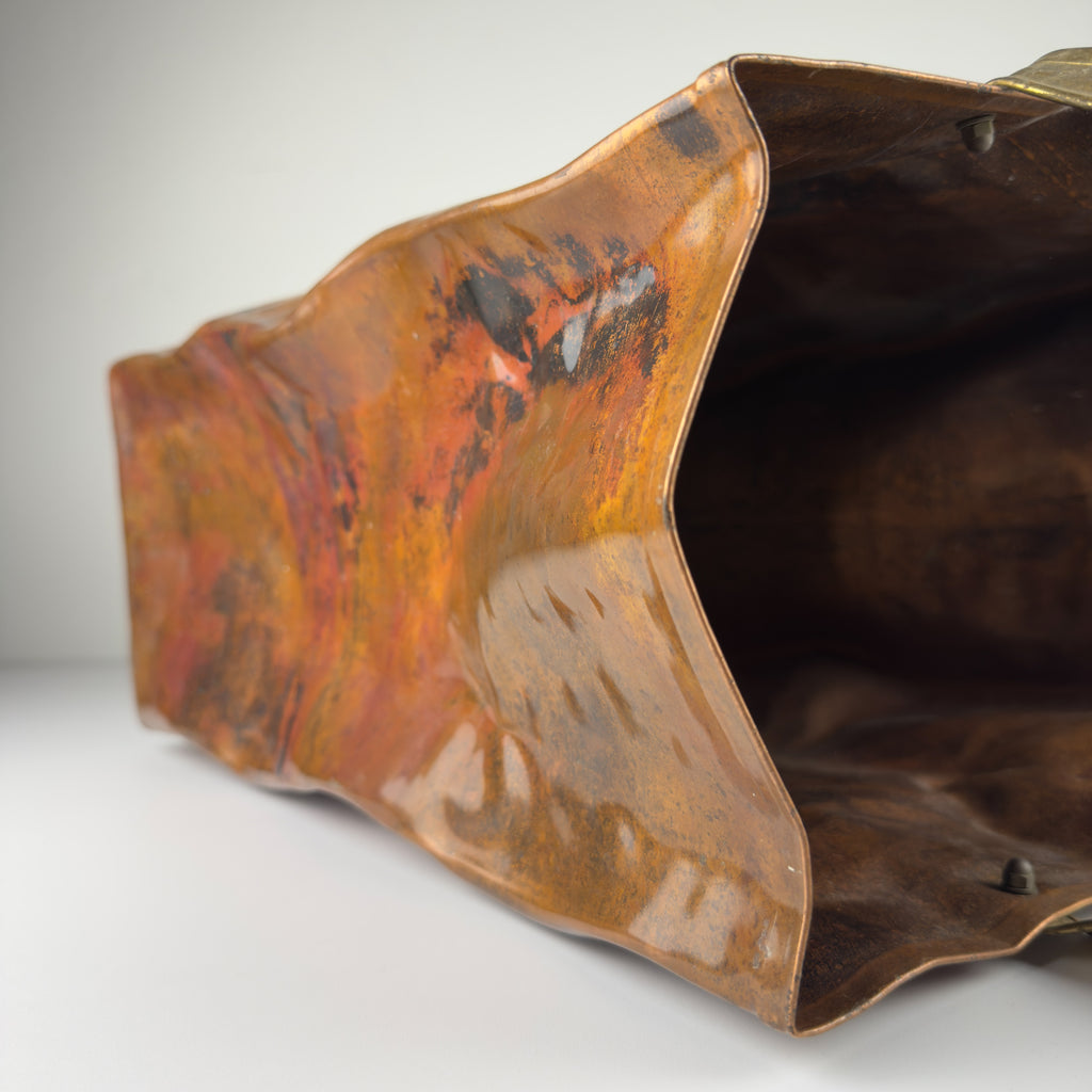 Vintage Copper Magazine Rack "Shopper Bag" with Brass Handles, Italy 1970s