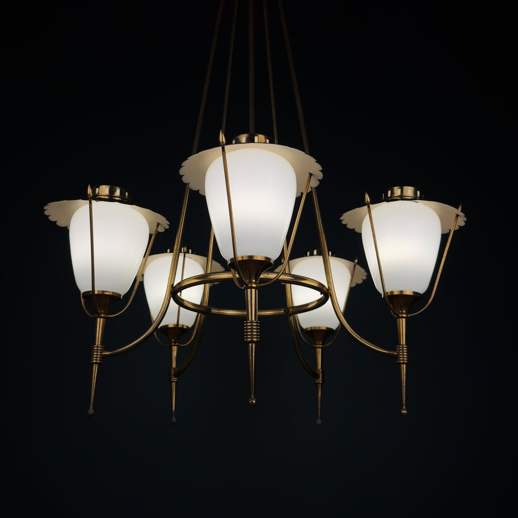 Vintage brass chandelier by Maison Arlus, Art Deco style, France 1950s