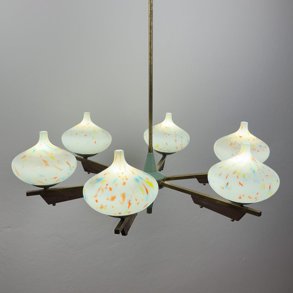 Mid-Century Stilnovo chandelier with teak and Murano Glass, Italy 1940-50s