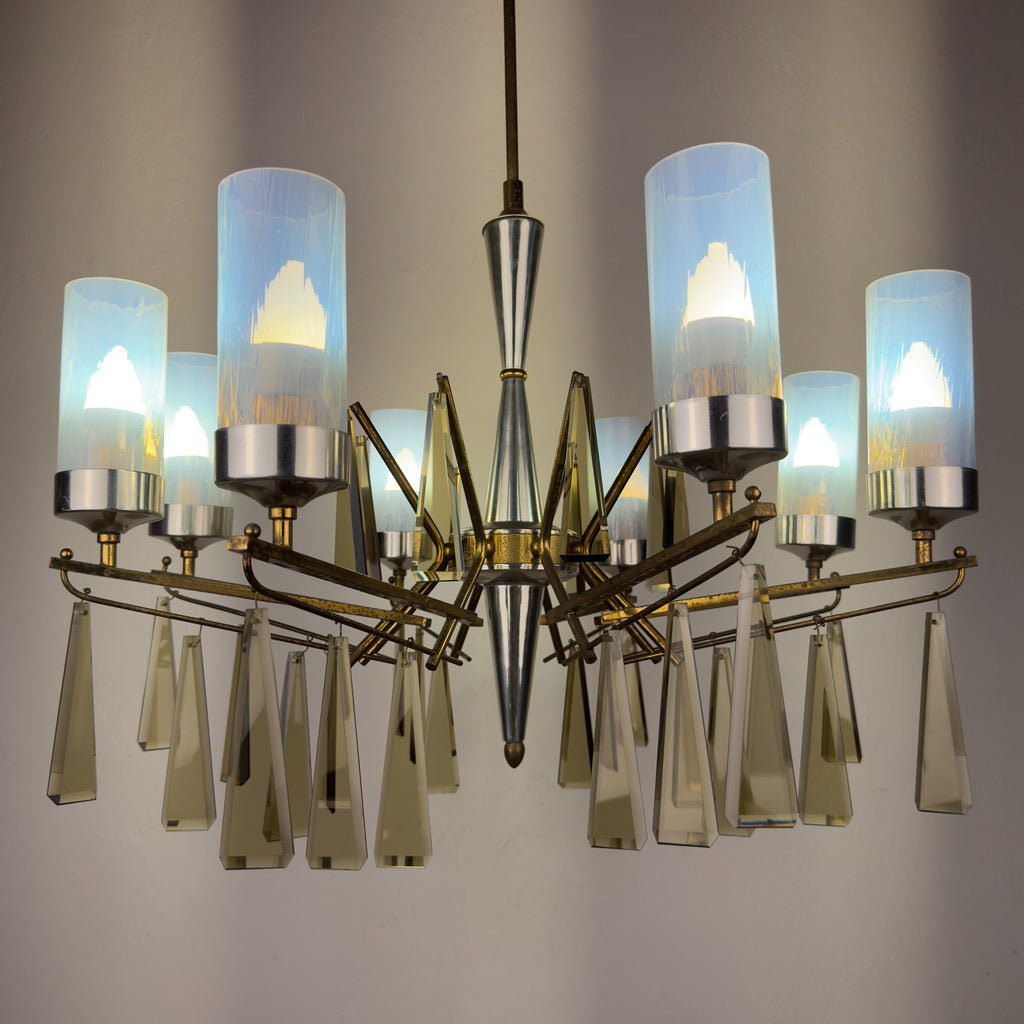 Large Sculptural Italian Mid-Century Chandelier in Brass and Glass, Italy 1950s