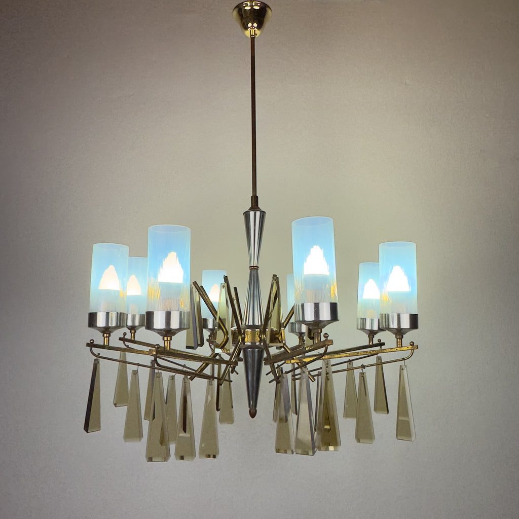 Large Sculptural Italian Mid-Century Chandelier in Brass and Glass, Italy 1950s