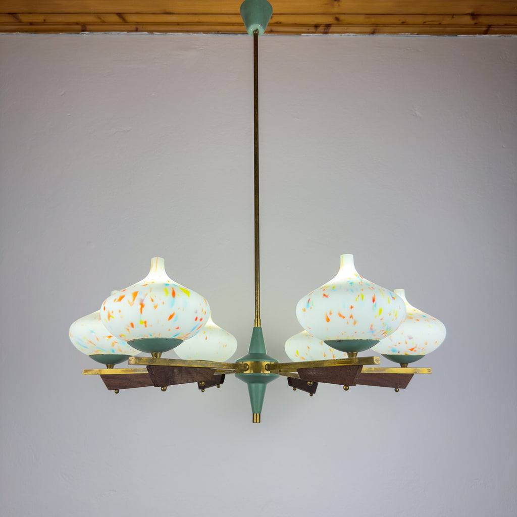 Mid-Century Stilnovo chandelier with teak and Murano Glass, Italy 1940-50s