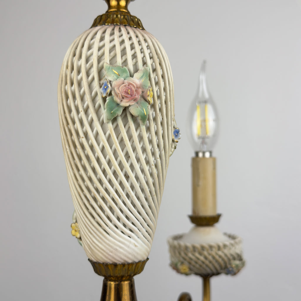 Vintage Art Nouveau Capodimonte Chandelier: Floral Porcelain Lamp, 1930s