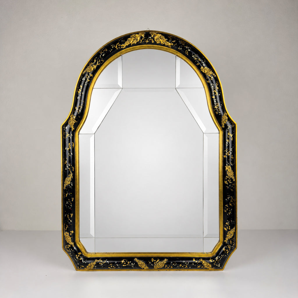 Vintage Venetian Chinoiserie Wall Mirror, Italy 1950s, Black and Gold Painted