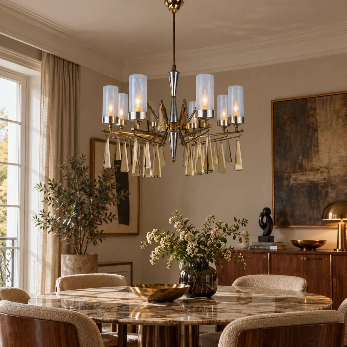 Large Sculptural Italian Mid-Century Chandelier in Brass and Glass, Italy 1950s