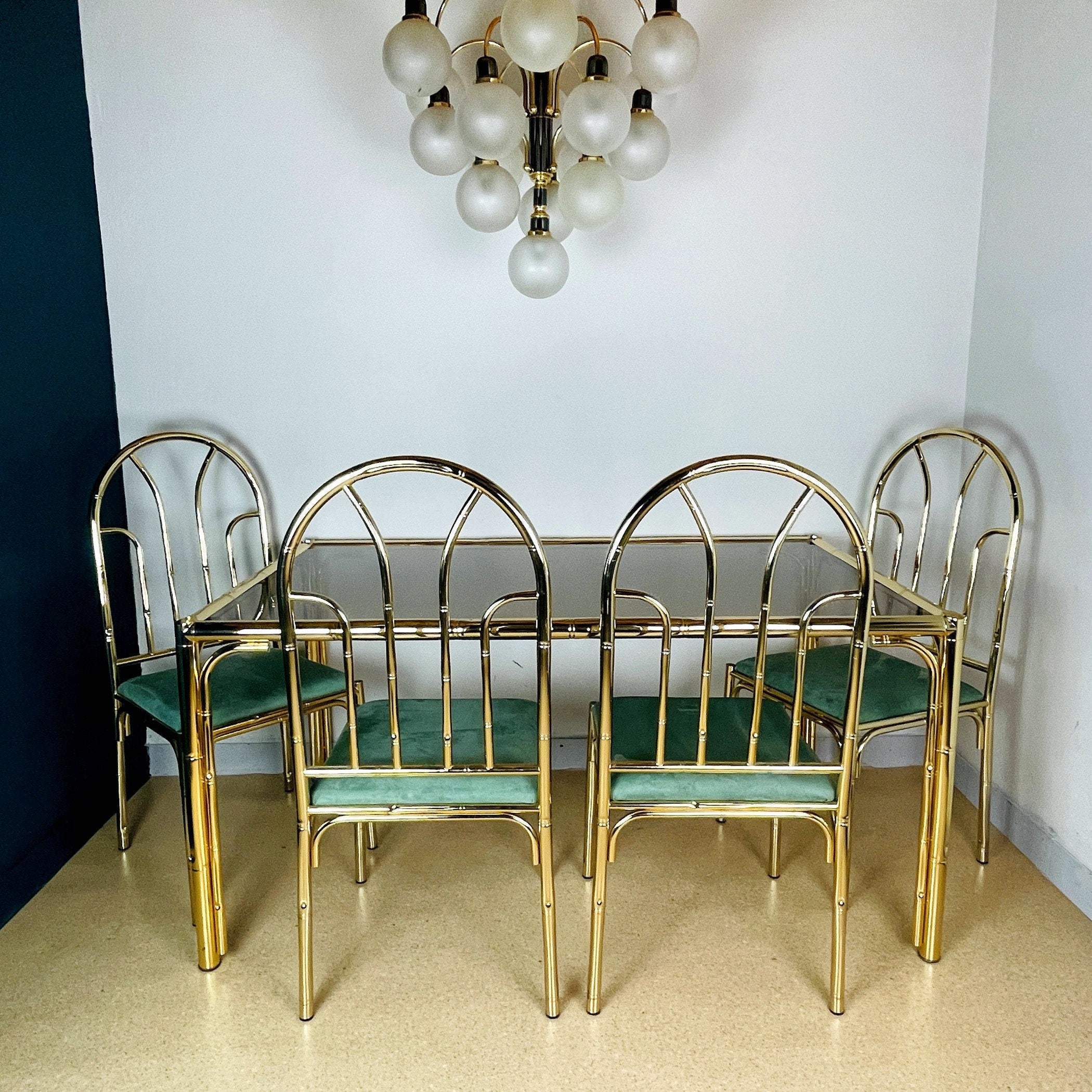 Vintage Brass Faux Bamboo Dining Set: 4 Chairs & Smoked Glass Table, France 1970s