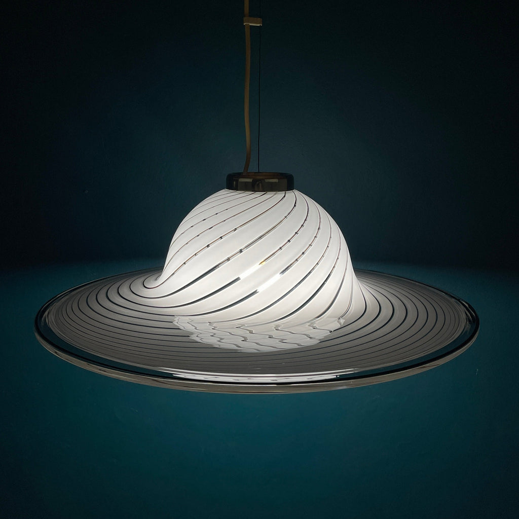 Classic swirl Murano glass pendant lamp Italy 1970s White Mid-century Lighting Vintage chandelier