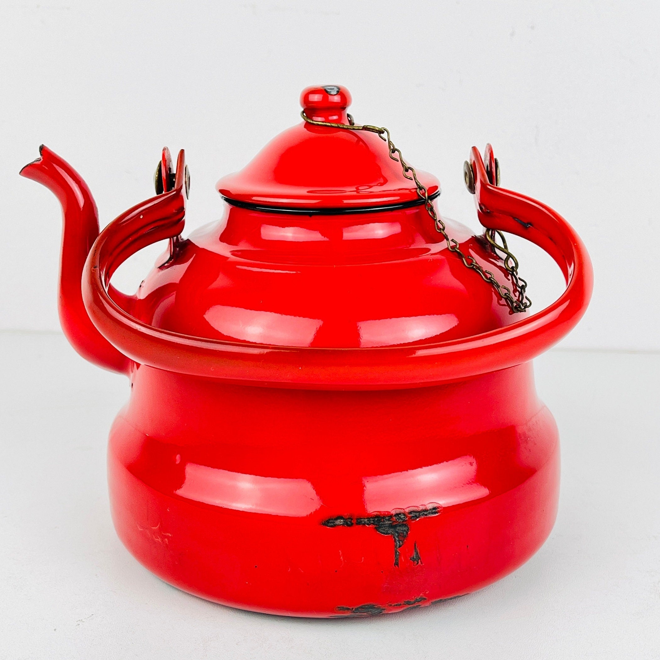 Vintage Yugoslavian Red Enamel Teapot - Unique Decor Piece from the Past