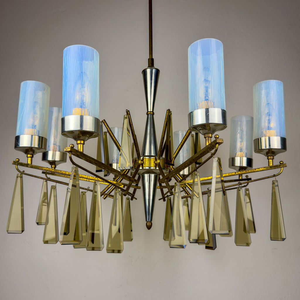 Large Sculptural Italian Mid-Century Chandelier in Brass and Glass, Italy 1950s