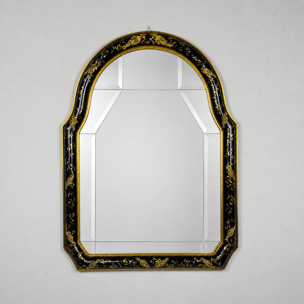 Vintage Venetian Chinoiserie Wall Mirror, Italy 1950s, Black and Gold Painted