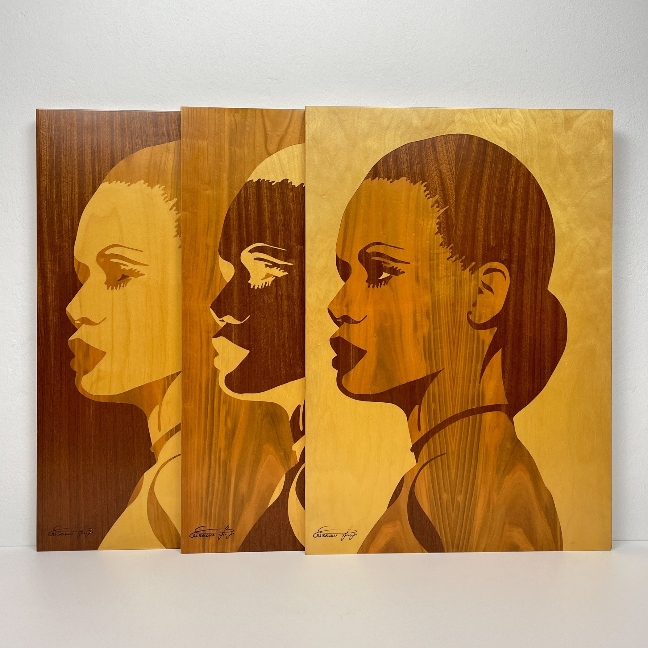 Triptych wooden painting "Mulatto" by Criscione Luige, Italy 1985s, Vintage home decor