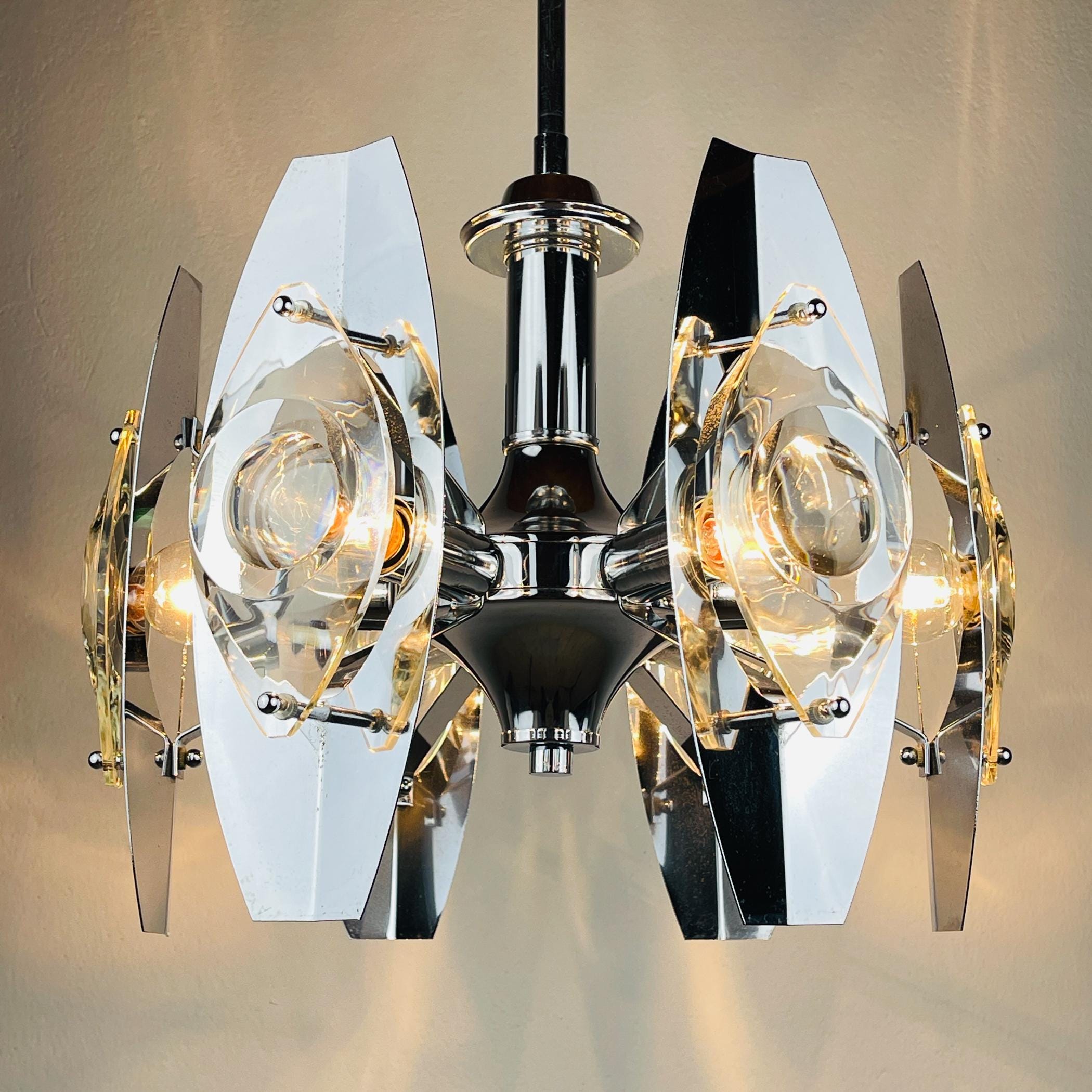Chrome and Glass Lens Chandelier by Oscar Torlasco Italy 1960s, Vintage home decor