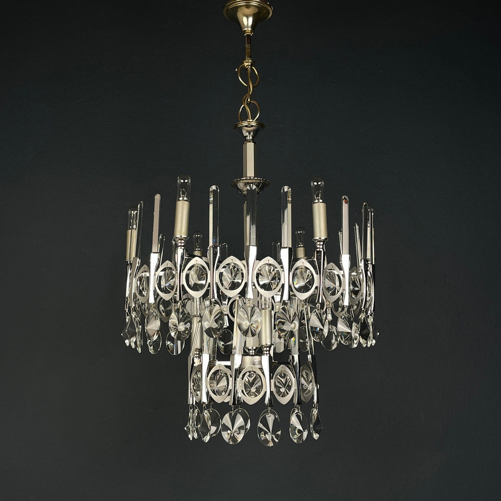 Gaetano Sciolari Chandelier: Mid-Century Modern Italian Crystal Glass, 1970s