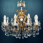 XL Vintage Crystal Chandelier: 1950s Italian Hollywood Regency Brass Lamp