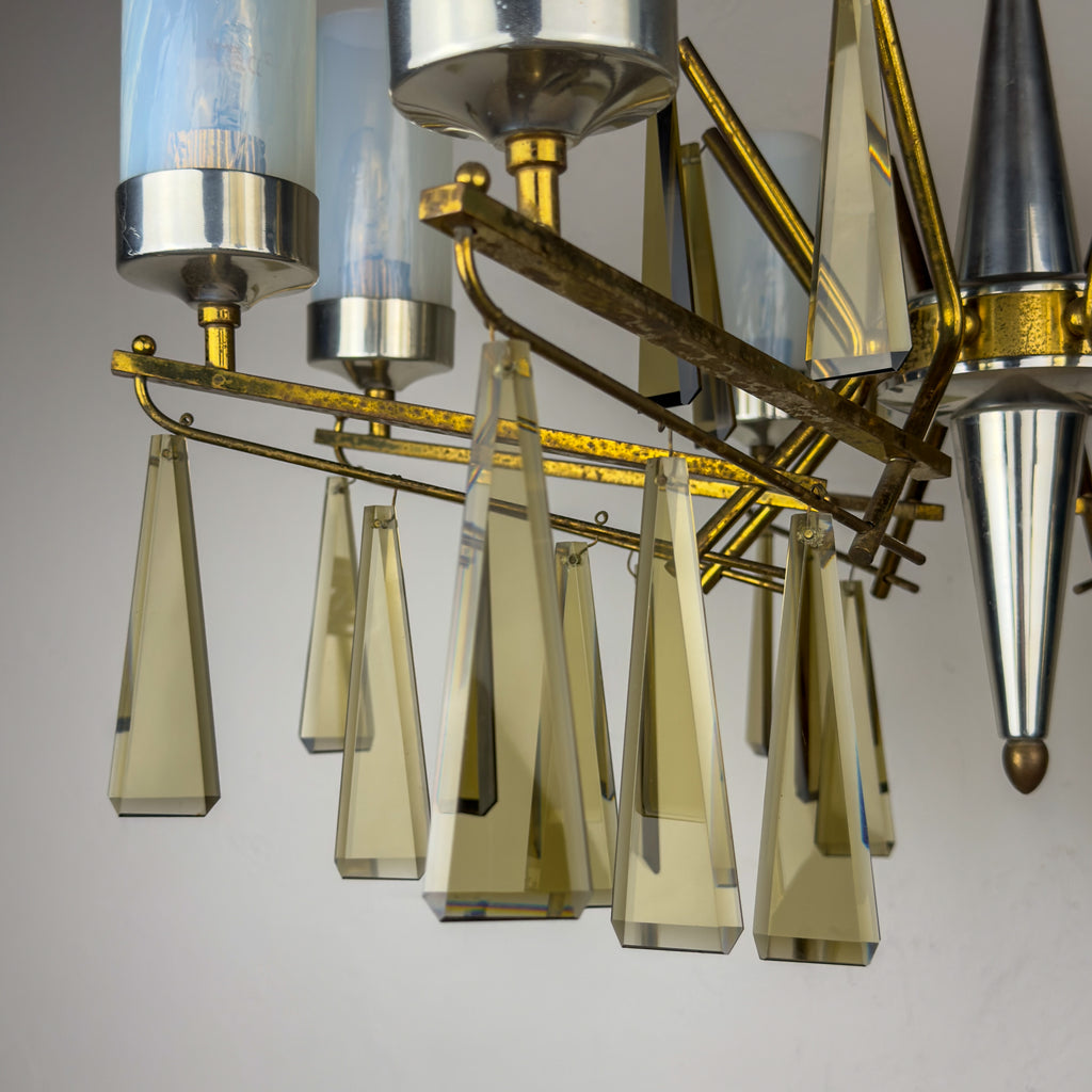Large Sculptural Italian Mid-Century Chandelier in Brass and Glass, Italy 1950s