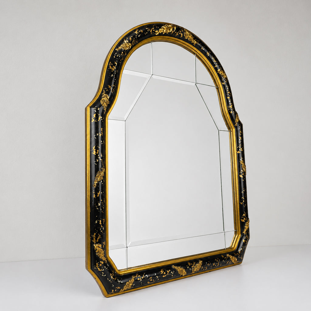 Vintage Venetian Chinoiserie Wall Mirror, Italy 1950s, Black and Gold Painted