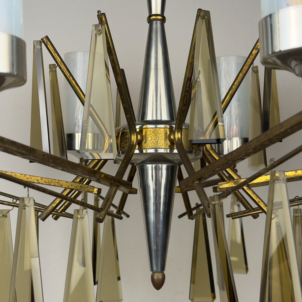 Large Sculptural Italian Mid-Century Chandelier in Brass and Glass, Italy 1950s