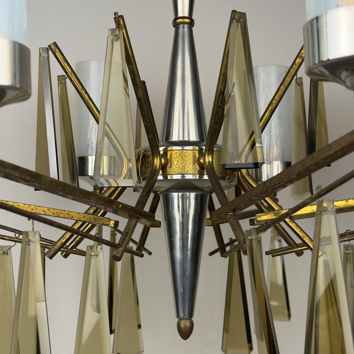 Large Sculptural Italian Mid-Century Chandelier in Brass and Glass, Italy 1950s