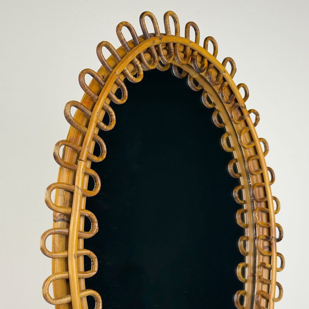Vintage Oval Bamboo Mirror, attributed Franco Albini, Italy 1960s
