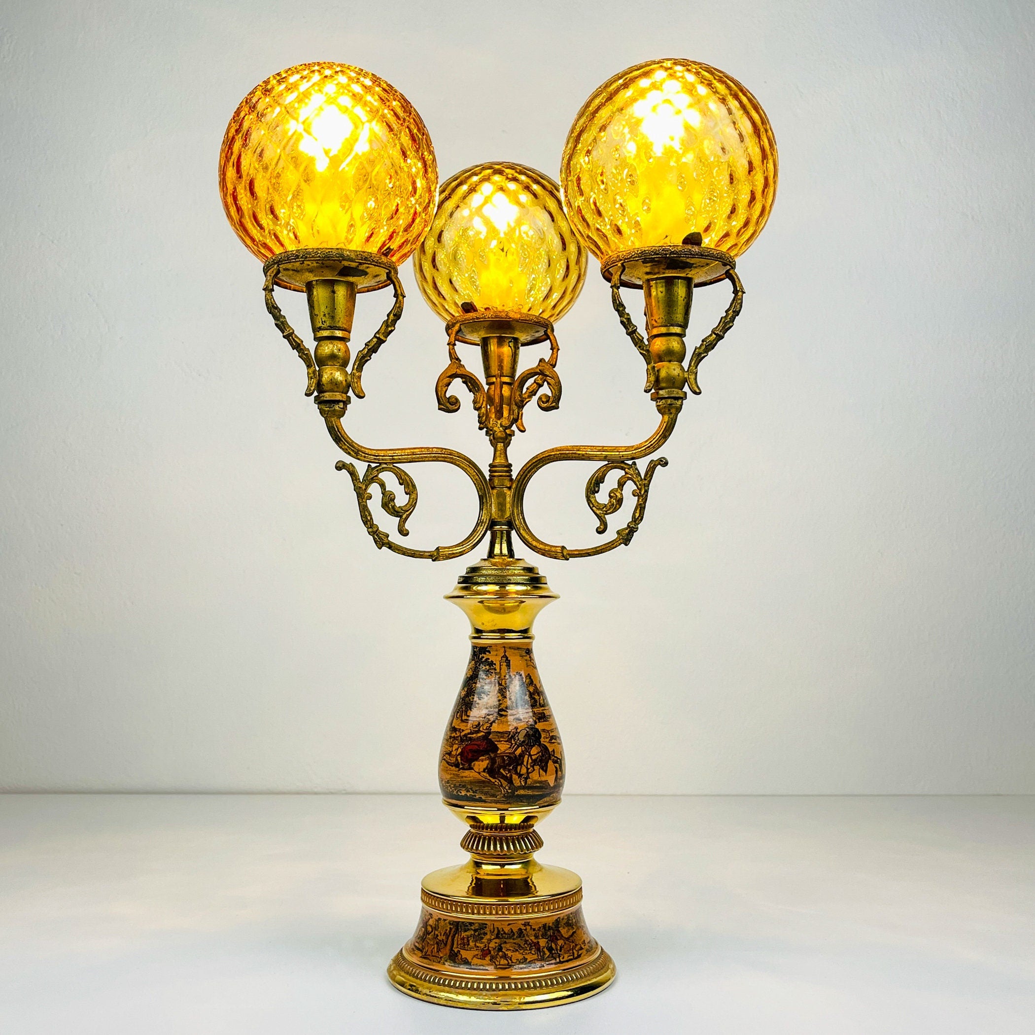 Antique 3 arm table lamp Hunting by C. Florentine, Italy 1950s, Vintage home decor
