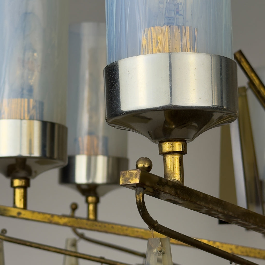 Large Sculptural Italian Mid-Century Chandelier in Brass and Glass, Italy 1950s