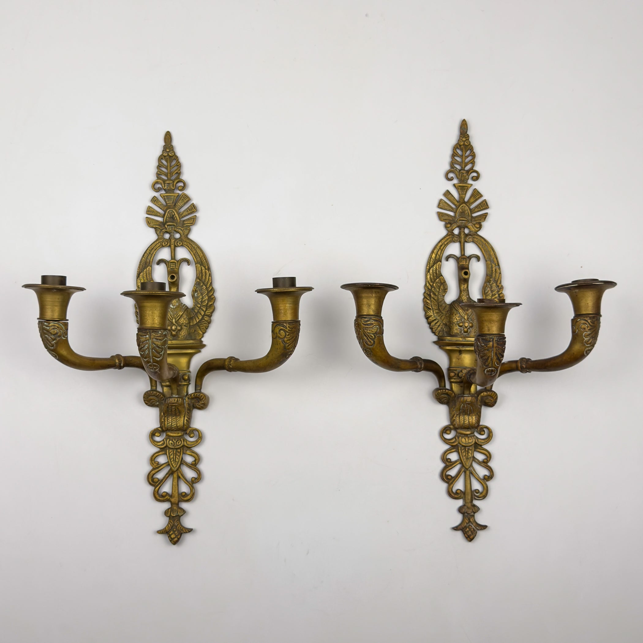 Antique Empire Bronze Wall Candle Sconces, Italy, Early 20th Century, Set of 2