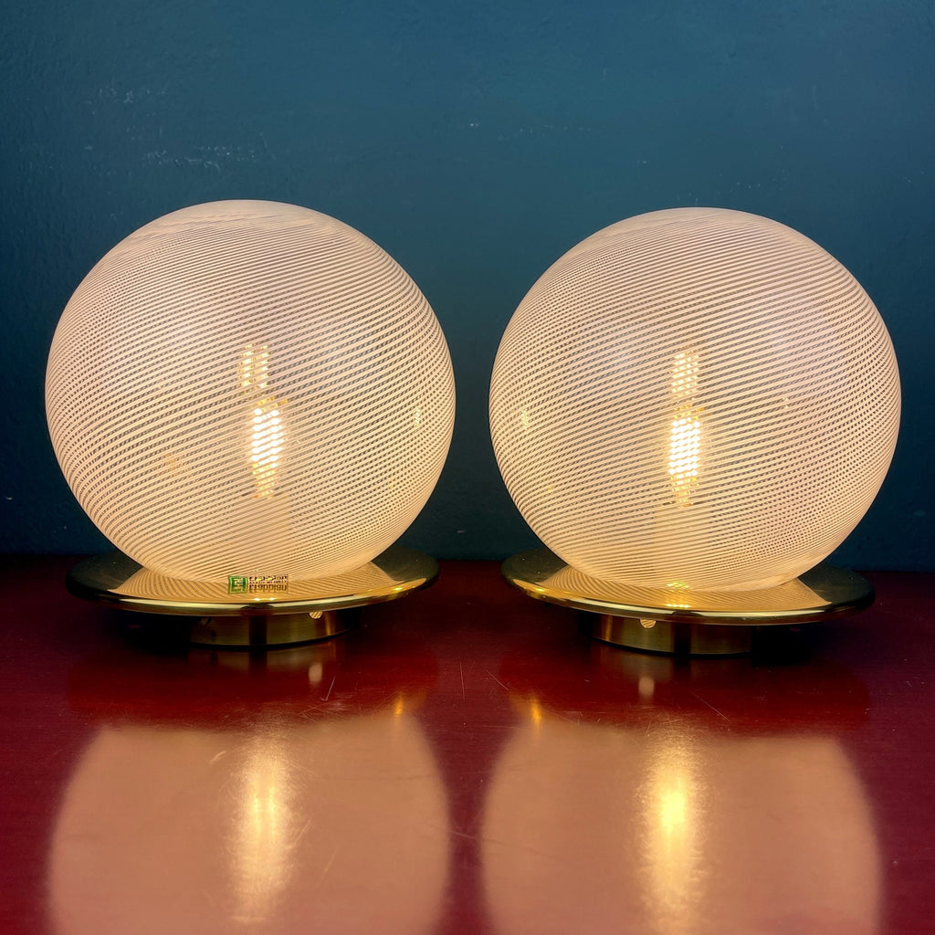 Vintage Murano Glass Table Lamps: F.Fabbian Italian Modern Sphere Set