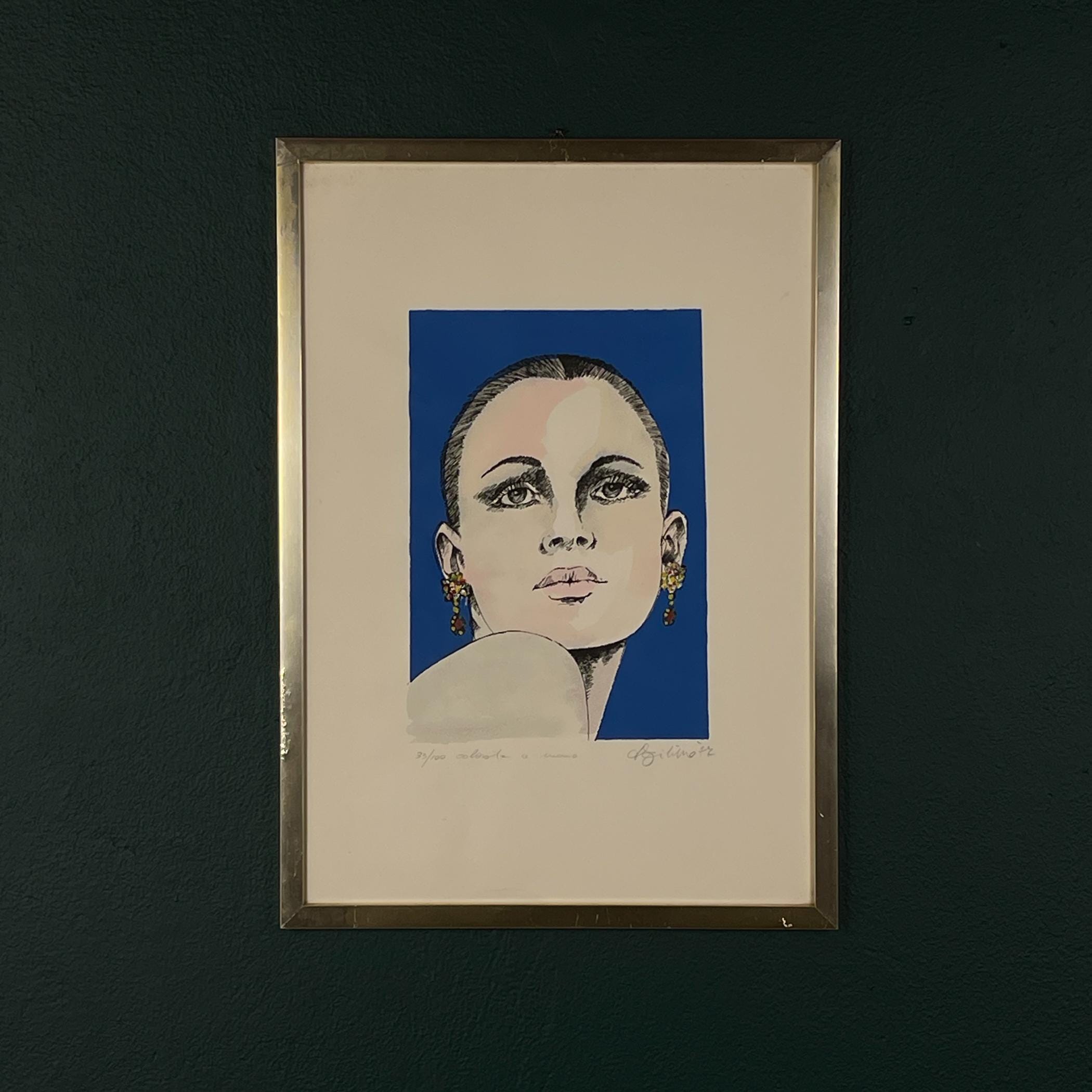 Limited edition lithograph Girl's head, Hand painted 33/100, Italy, 1977, Vintage home decor