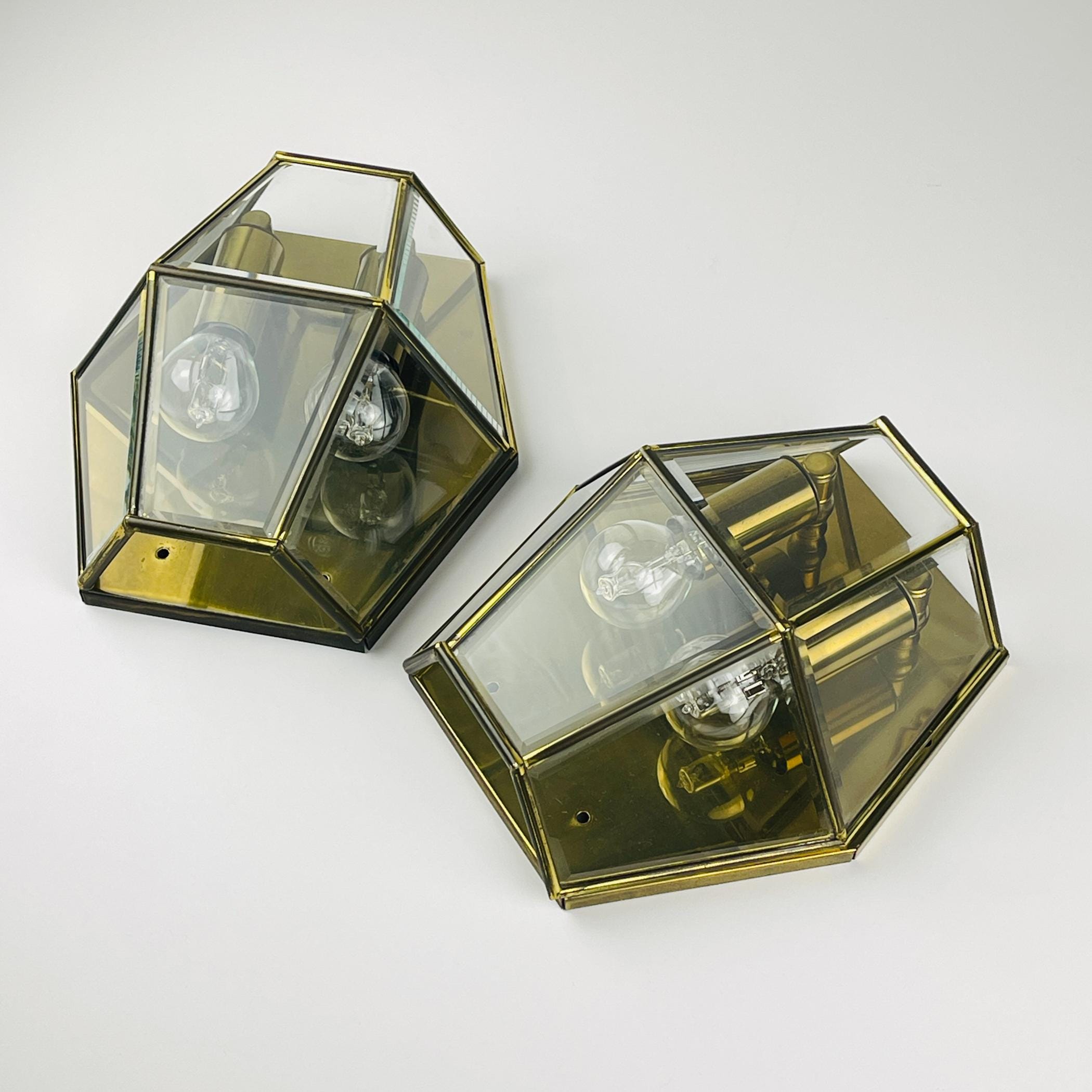 Hexagonal Gold Brass and Crystal Sconces, 1960s, Set of 2, Vintage home decor