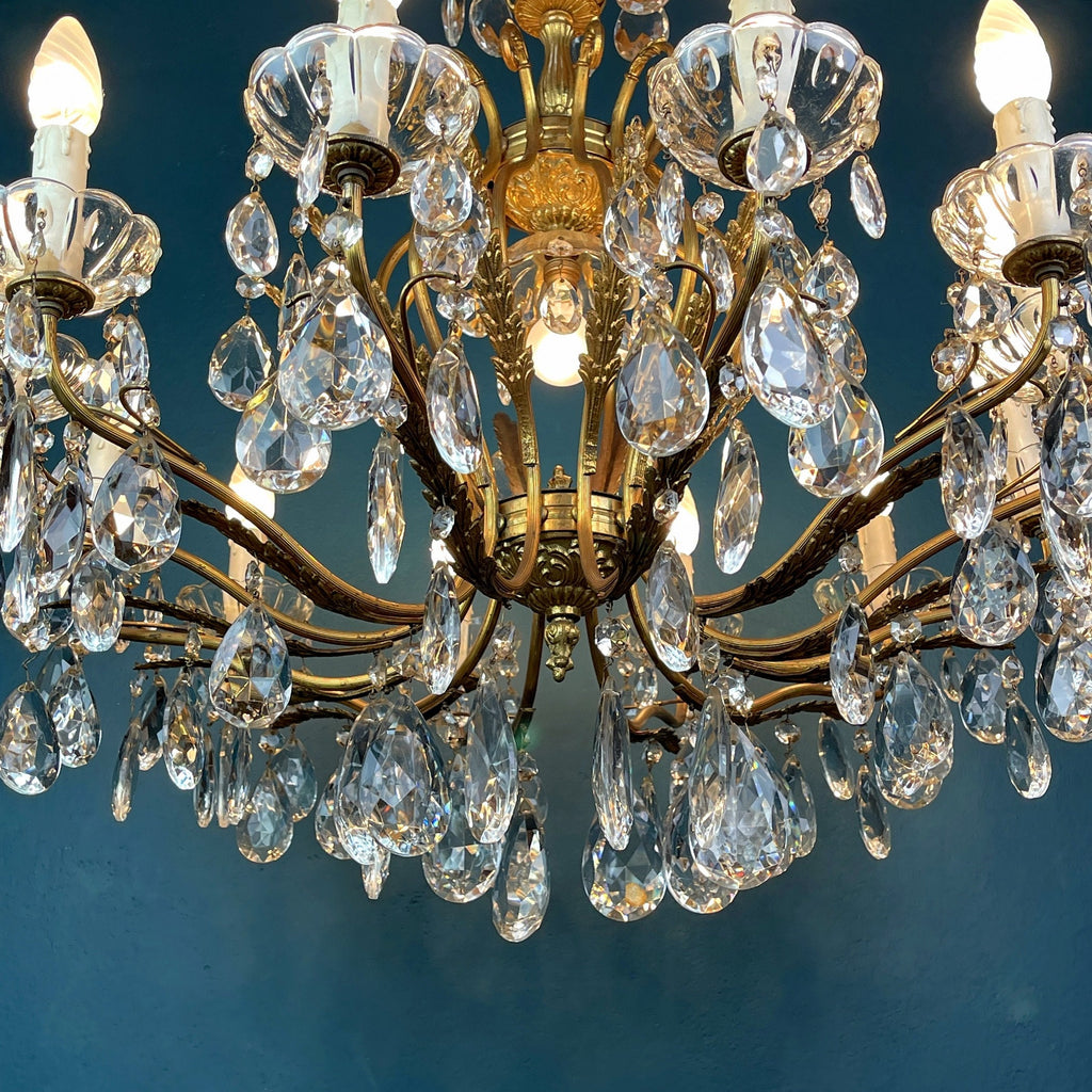 XL Vintage Crystal Chandelier: 1950s Italian Hollywood Regency Brass Lamp