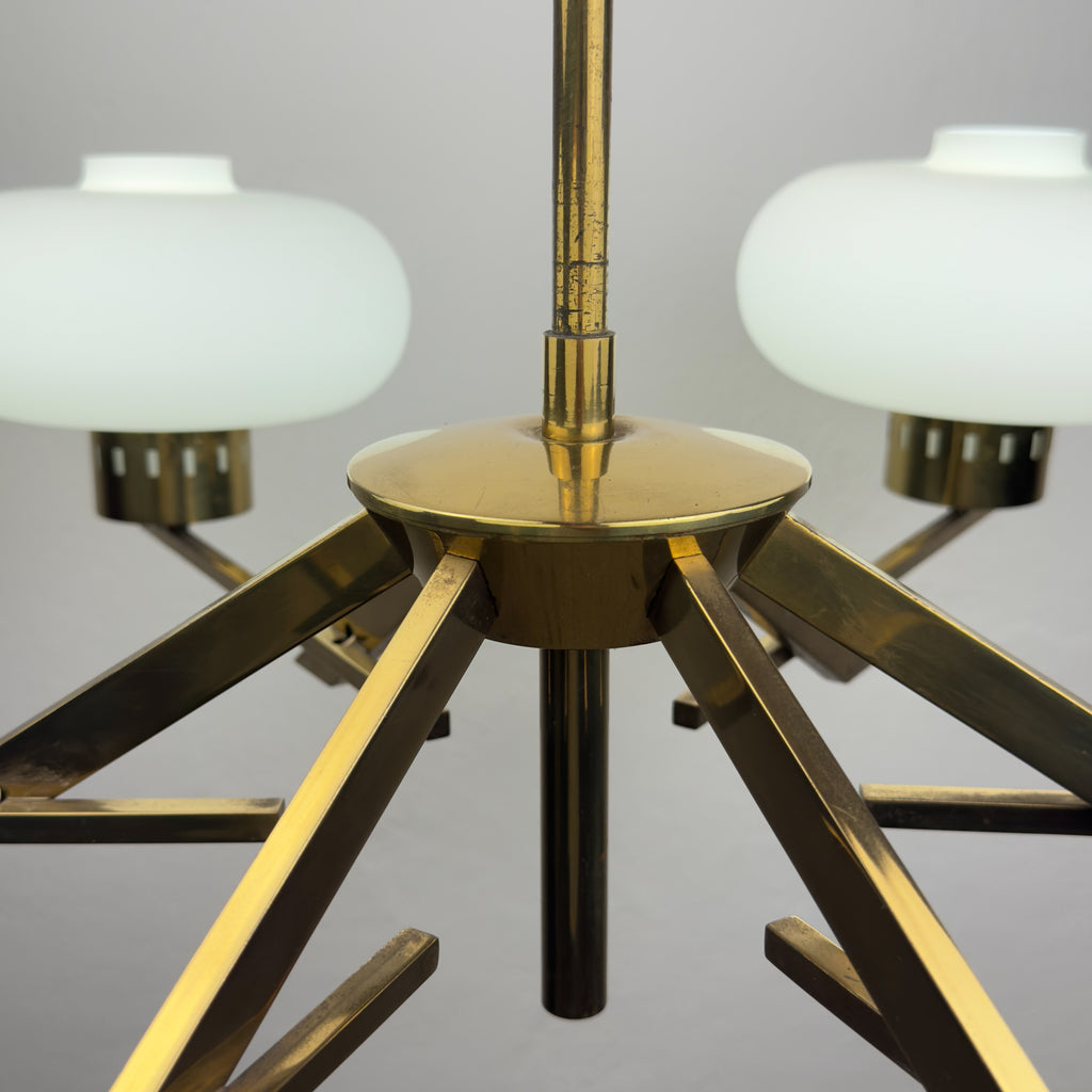 Mid-Century Stilnovo Chandelier with Brass and Opaline Glass, Italy 1970s