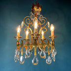Vintage Italian Chandelier: 1960s Bronze 5-Arm Crystal Drop Light