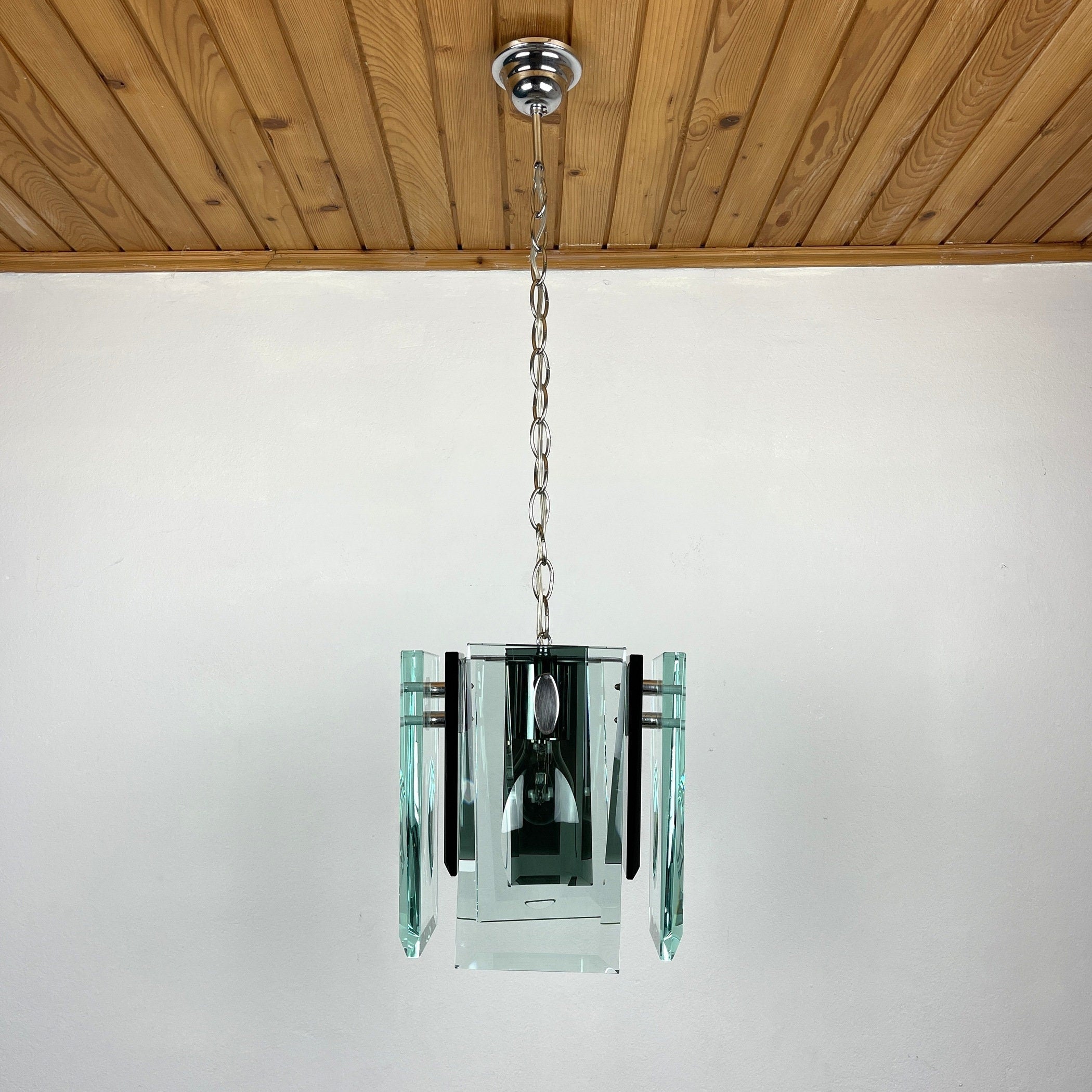 Fontana Arte Art Glass Pendant Lamp: Italian MCM 70s Design