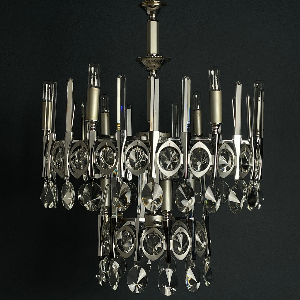 Gaetano Sciolari Chandelier: Mid-Century Modern Italian Crystal Glass, 1970s