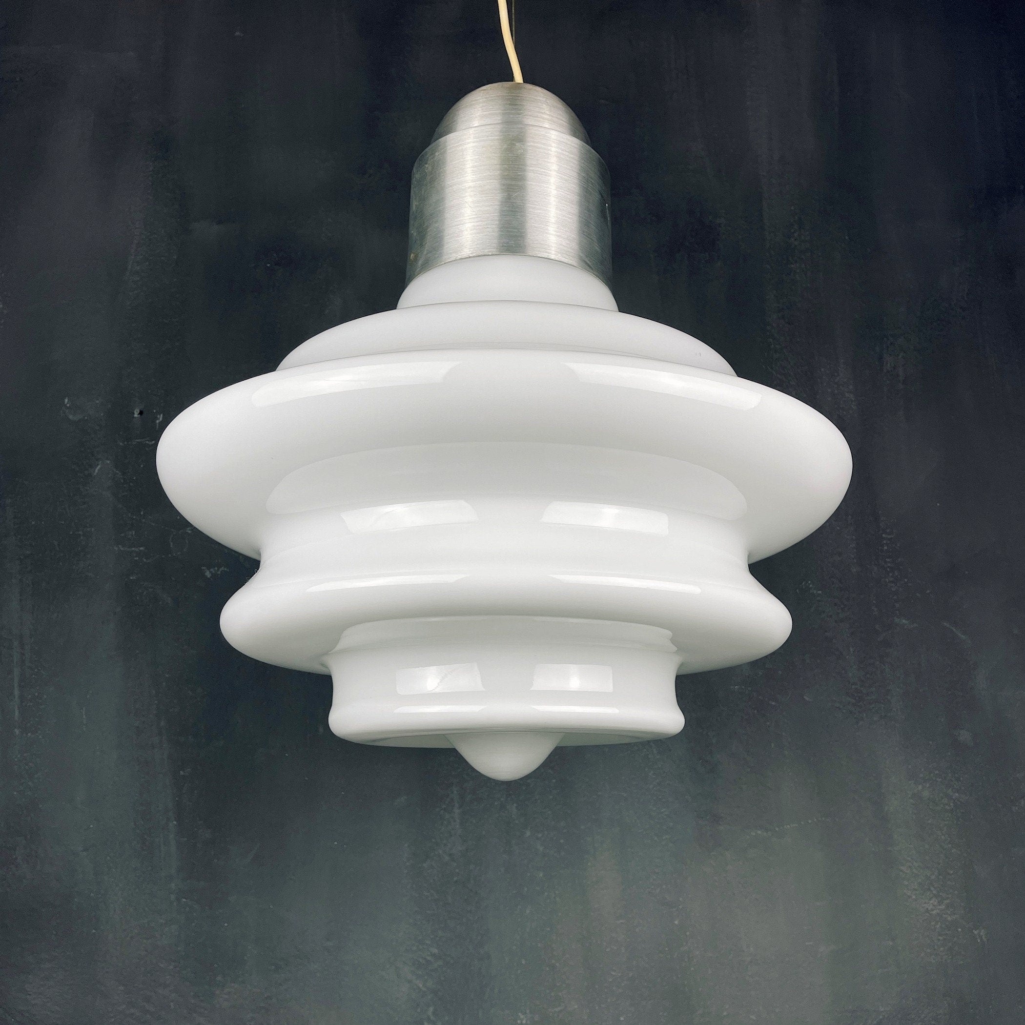 Large mid-century opaline white glass hanging lamp Italy 1960s Art deco Italian modern