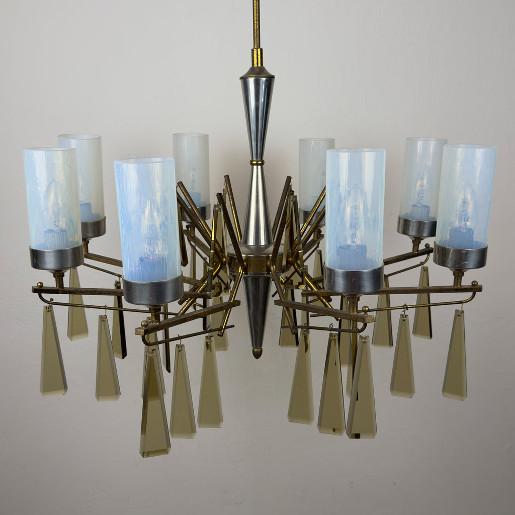 Large Sculptural Italian Mid-Century Chandelier in Brass and Glass, Italy 1950s