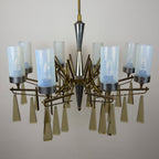 Large Sculptural Italian Mid-Century Chandelier in Brass and Glass, Italy 1950s